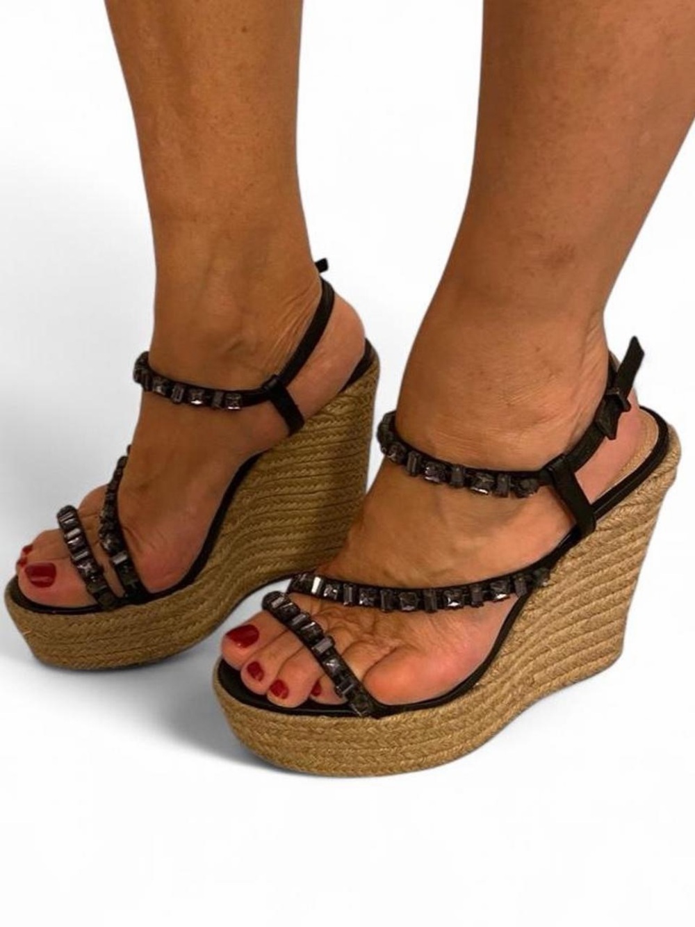 SCHUTZ Black Jeweled Espadrille Wedge Sandals